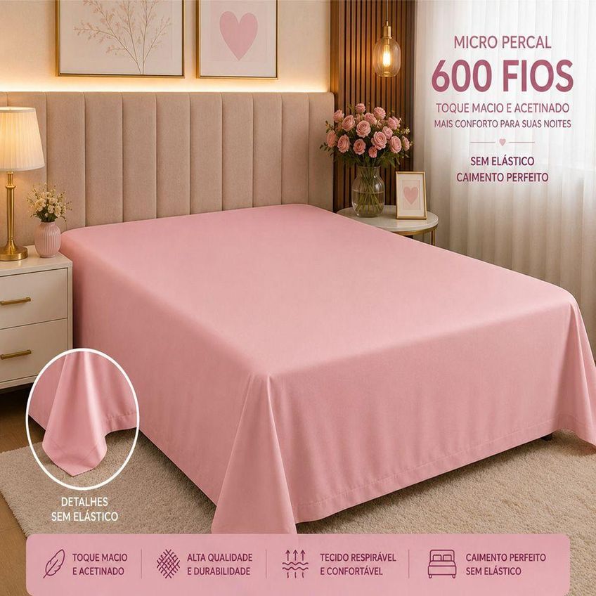 Lençol Avulso Quality King Micropercal 600 Fios Macio Sem Elástico Rosê - imagem 3