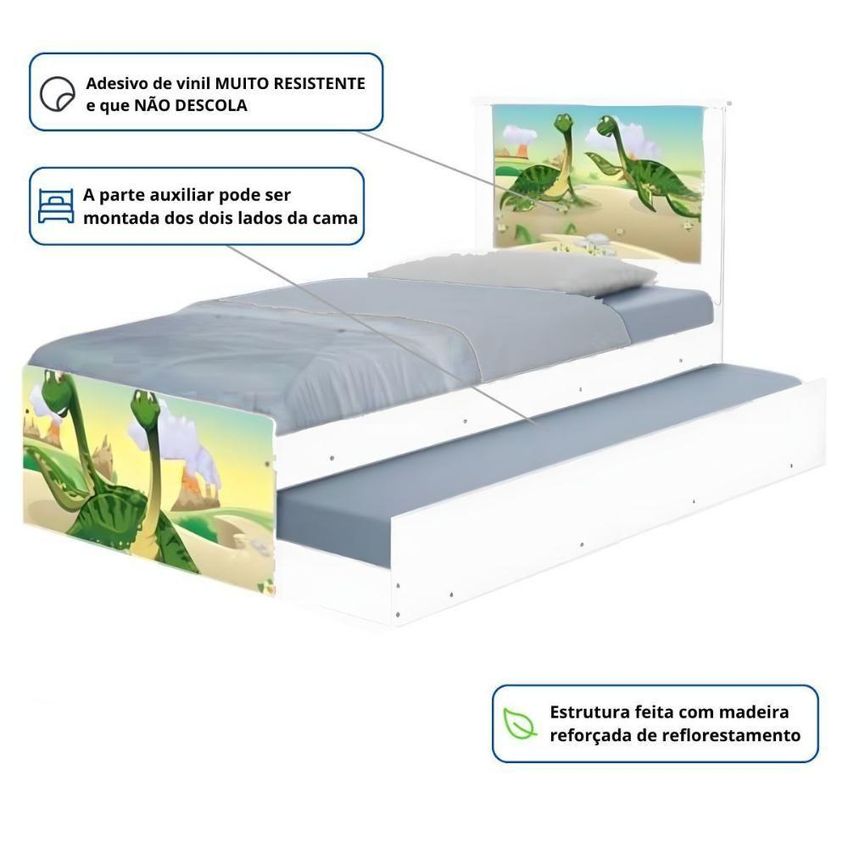 Bicama Juvenil Com Cama Auxiliar Solteiro Cabeceira Adesivada Dinossauros Irmãos Branco Casah - imagem 3