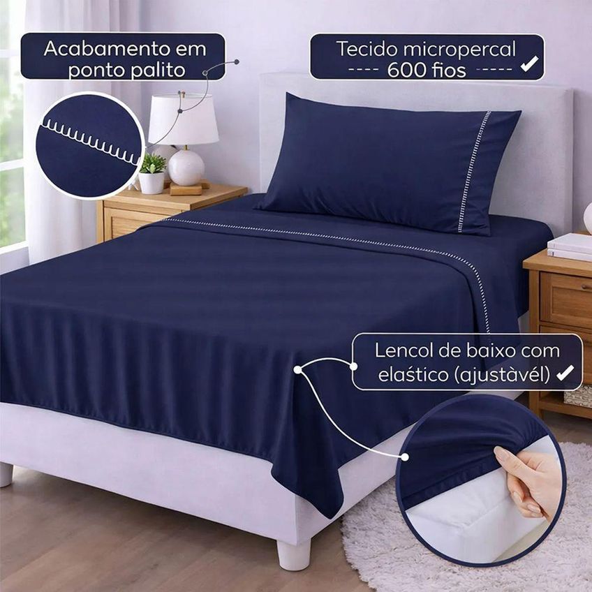 Jogo De Cama Lençol Egipicio Solteiro 3 Peças Micropercal 600 Fios Marinho Casa Show Enxovais - imagem 4