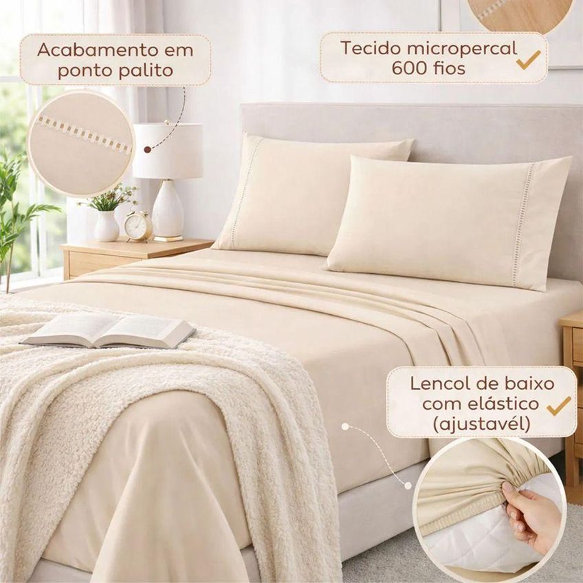 Jogo De Cama Lençol Egipicio King 4 Peças Micropercal 600 Fios Macio Bege Casa Show Enxovais - imagem 3