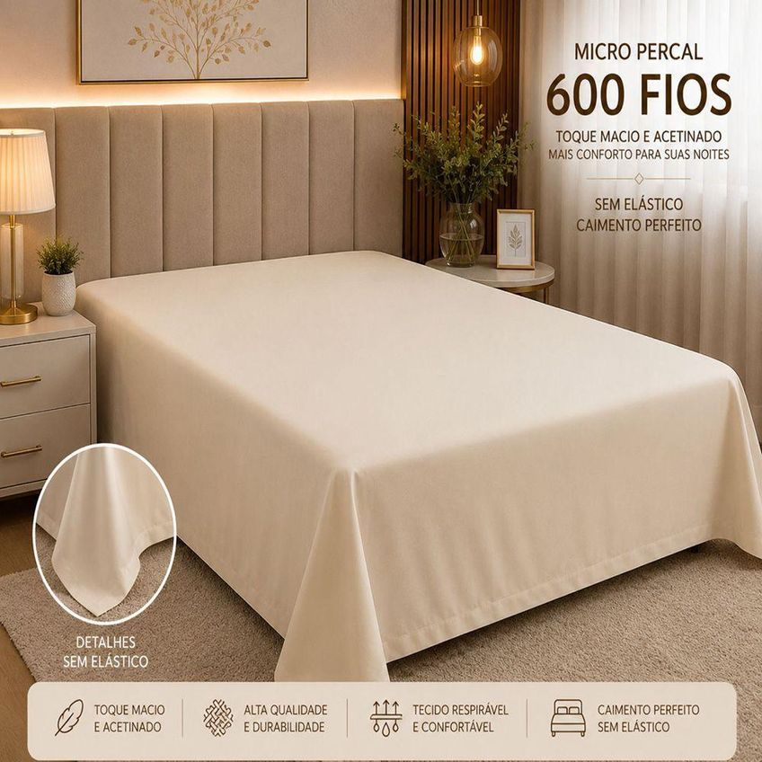 Lençol Avulso Quality King Micropercal 600 Fios Macio Sem Elástico Bege - imagem 4