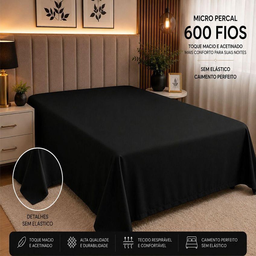 Lençol Avulso Quality Queen Micropercal 600 Fios Macio Sem Elástico Preto - imagem 4