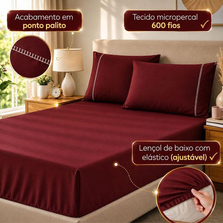 Jogo De Cama Quality Queen Micropercal 600 Fios 3 Peças Vinho Casa Show Enxovais - imagem 3
