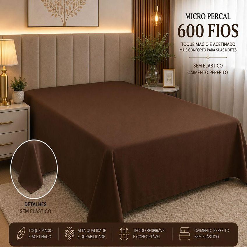 Lençol Avulso Quality King Micropercal 600 Fios Macio Sem Elástico Marrom - imagem 3