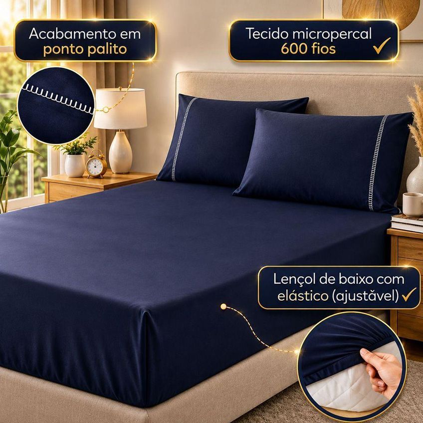 Jogo De Cama Quality Queen 4 Peças Micropercal 600 Fios Marinho Casa Show Enxovais - imagem 4