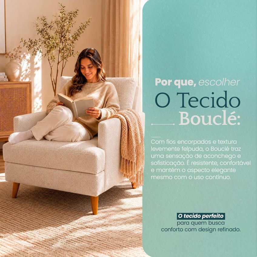 Poltrona Decorativa Serena Com Almofada Solta Bouclé Premium Bege Ammê Estofados - imagem 5