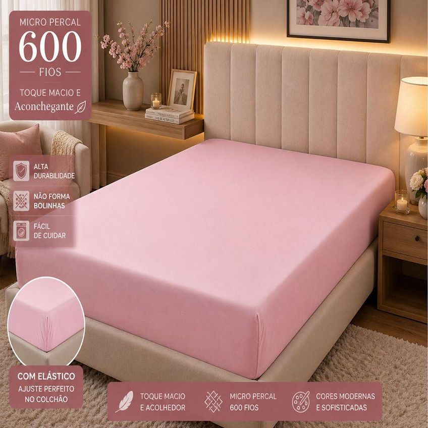 Lençol Casal Quality Micropercal 600 Fios Macio Com Elástico Rosa - imagem 4