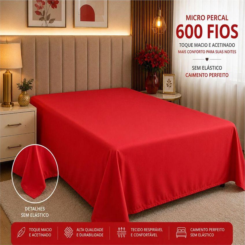 Lençol Avulso Quality King Micropercal 600 Fios Macio Sem Elástico Vermelho - imagem 2
