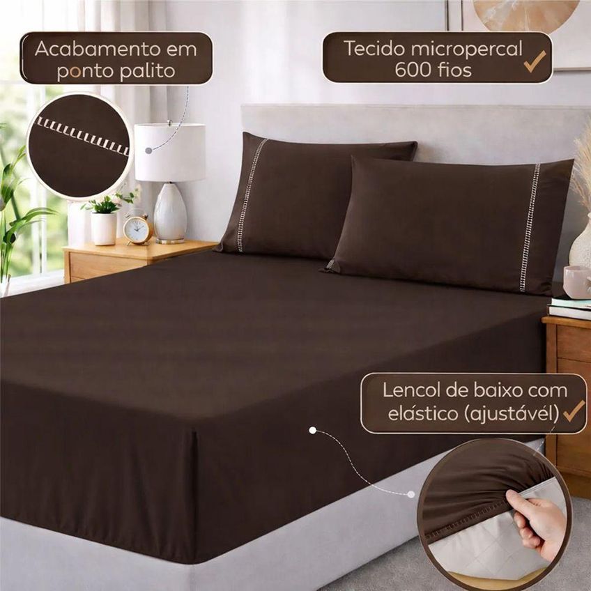 Jogo De Cama Lençol Egipicio Padrão Queen 3 Peças Micropercal 600 Fios Marrom Casa Show Enxovais - imagem 4