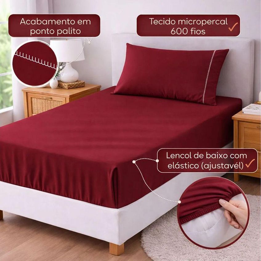 Jogo De Cama Lençol Egipicio Solteiro 2 Peças Micropercal 600 Fios Macio Vinho Casa Show Enxovais - imagem 4