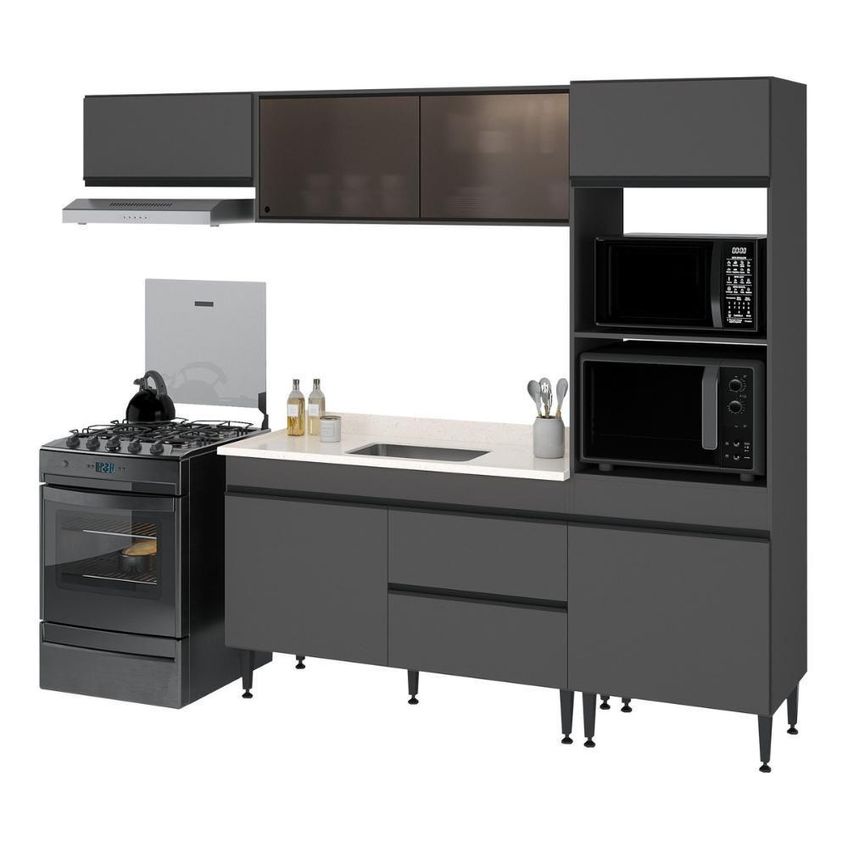 Cozinha Completa Milano 7 Portas 1 Gaveta Mdp-mdf 251,5cm Grafite E Creme Multimóveis - imagem 5