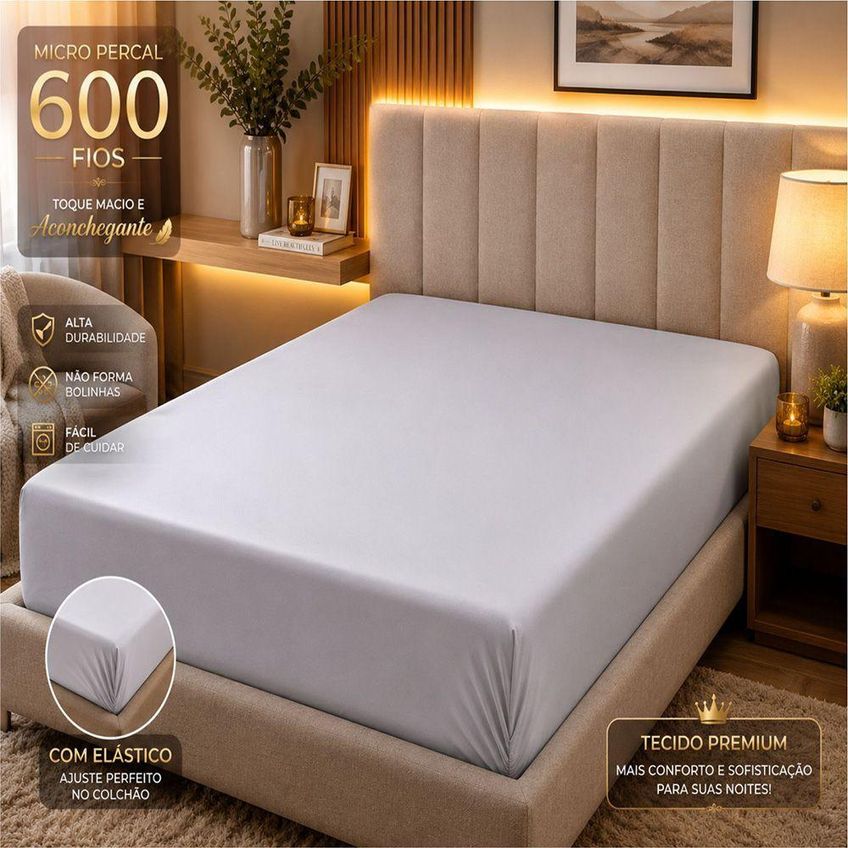 Jogo De Cama Quality Queen Micropercal 600 Fios Macio Cinza Casa Show Enxovais - imagem 4