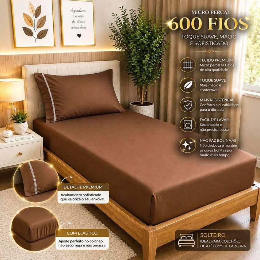 Jogo De Cama Quality Solteiro 2 Peças Micropercal 600 Fios Marrom Casa Show Enxovais - imagem 4
