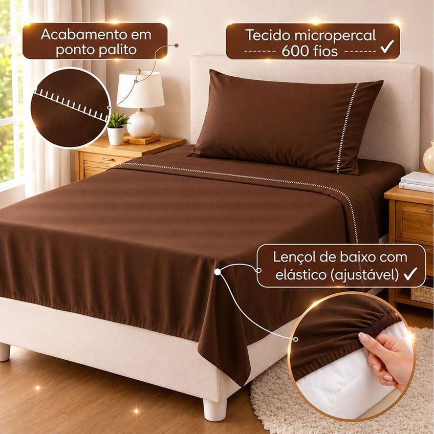Jogo De Cama Quality Solteiro 3 Peças Micropercal 600 Fios 100% Poliéster Marrom Casa Show Enxovais - imagem 3