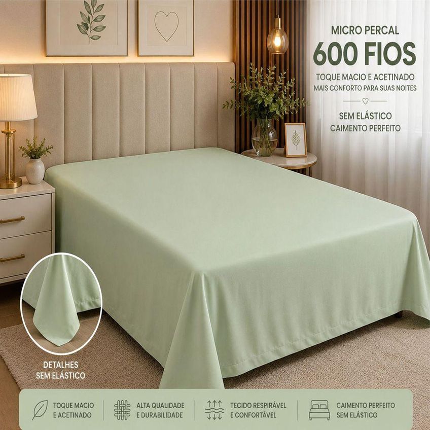 Lençol Avulso Quality King Micropercal 600 Fios Macio Sem Elástico Verde Claro - imagem 2