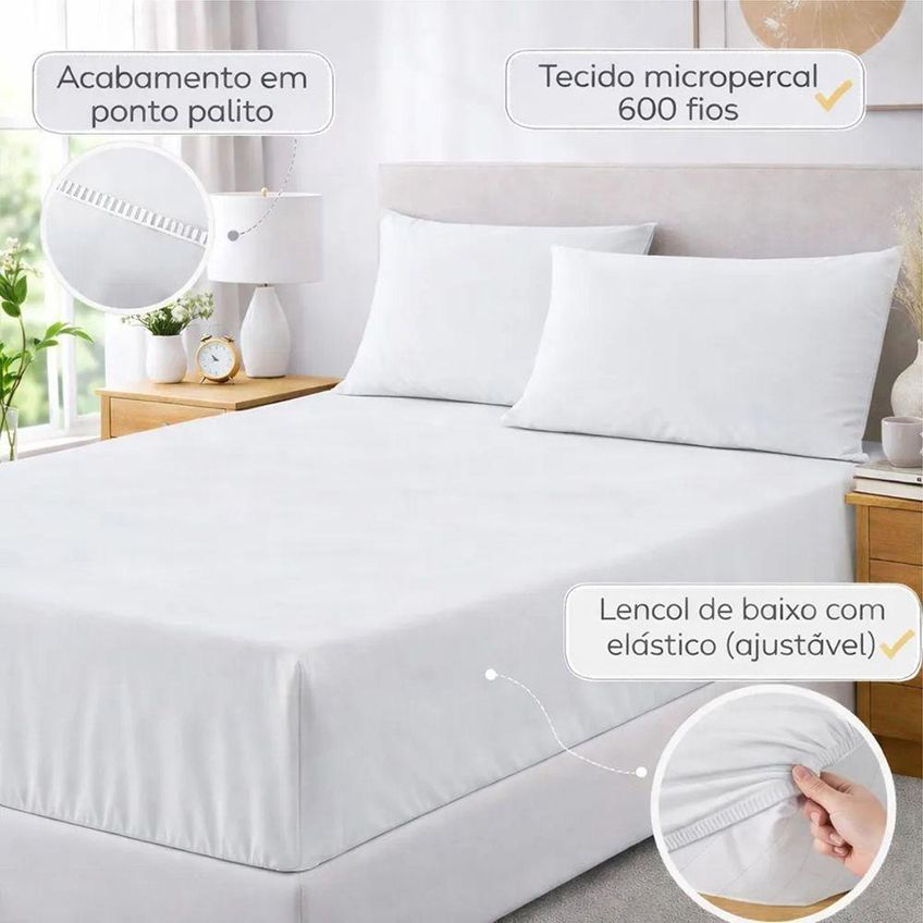 Jogo De Cama Lençol Egipicio Queen 3 Peças Micropercal 600 Fios Branco Casa Show Enxovais - imagem 3