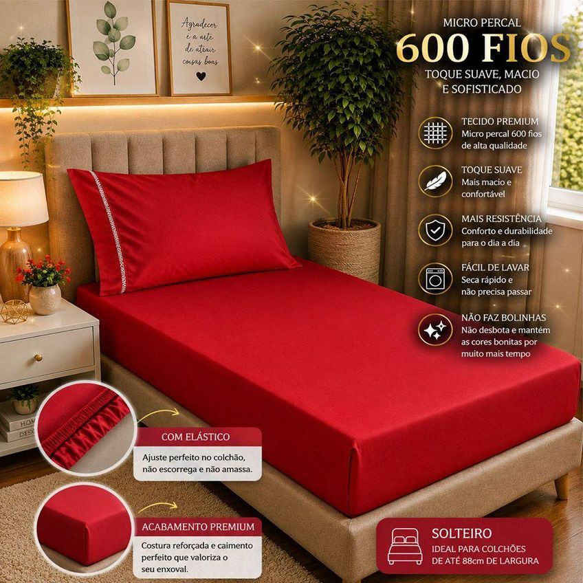 Jogo De Cama Quality Solteiro 2 Peças Micropercal 600 Fios Macio Vermelho Casa Show Enxovais - imagem 4