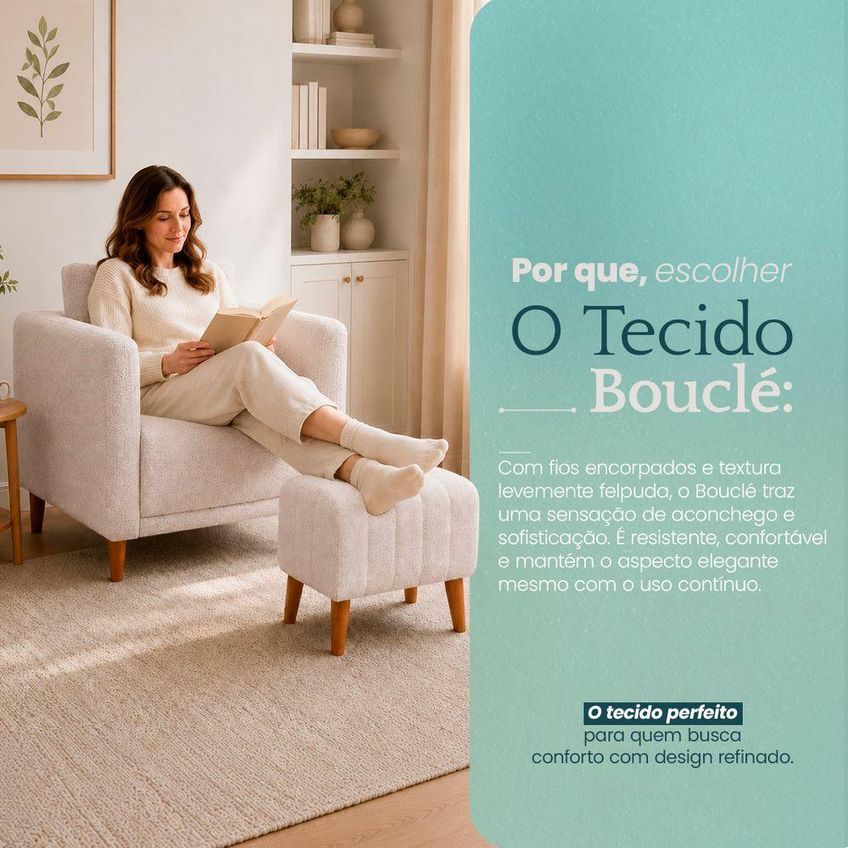 Poltrona Com Puff Aviv Verso Decorativa Tecido Bouclé Luxo Bege Clique & Decore - imagem 4