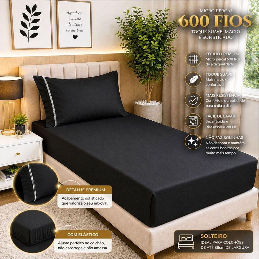Jogo De Cama Quality Solteiro 2 Peças Micropercal 600 Fios Preto Casa Show Enxovais - imagem 3
