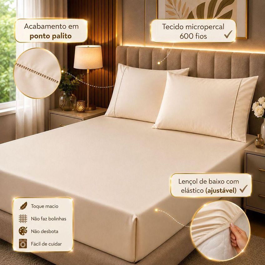 Jogo De Cama Quality Padrão 3 Peças Micropercal 600 Fios Bege Casa Show Enxovais - imagem 2