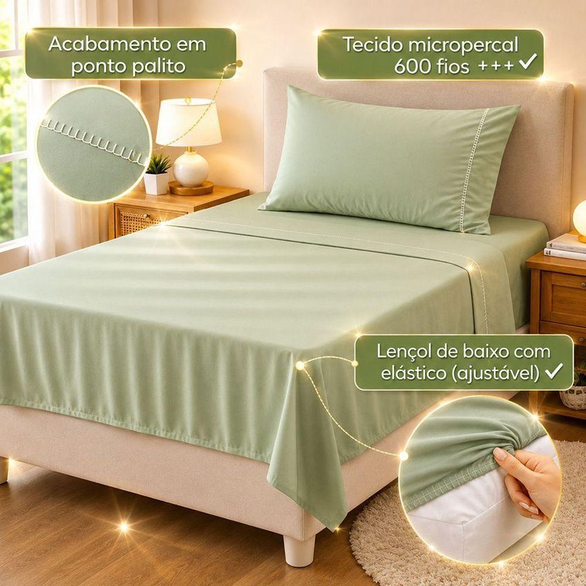 Jogo De Cama Quality Solteiro Micropercal 600 Fios 100% Poliéster Verde Claro Casa Show Enxovais - imagem 3