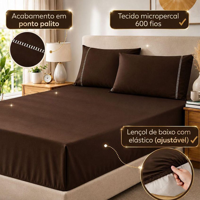Jogo De Cama Quality Queen 3 Peças Micropercal 600 Fios Marrom Casa Show Enxovais - imagem 3