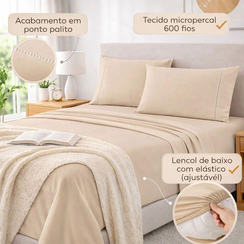 Jogo De Cama Lençol Egípcio Queen 4 Peças Micropercal 600 Fios Avelã Casa Show Enxovais - imagem 3