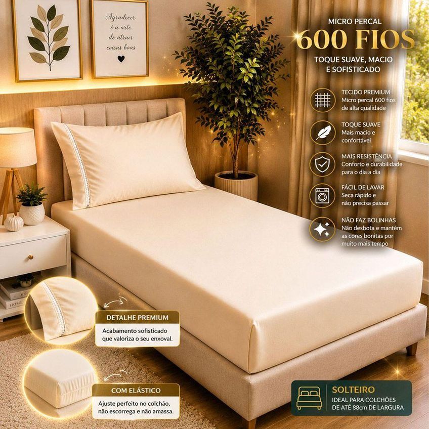 Jogo De Cama Quality Solteiro 2 Peças Micropercal 600 Fios Macio Palha Casa Show Enxovais - imagem 3