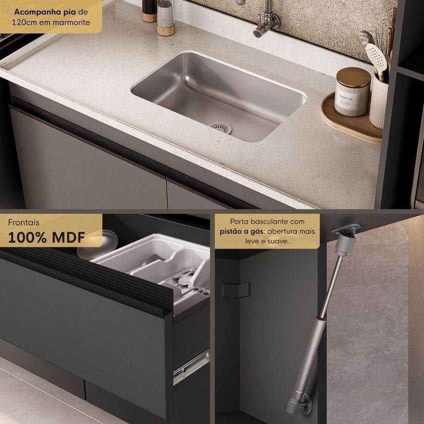 Cozinha Completa Milano 7 Portas 1 Gaveta Mdp-mdf 251,5cm Grafite E Creme Multimóveis - imagem 2