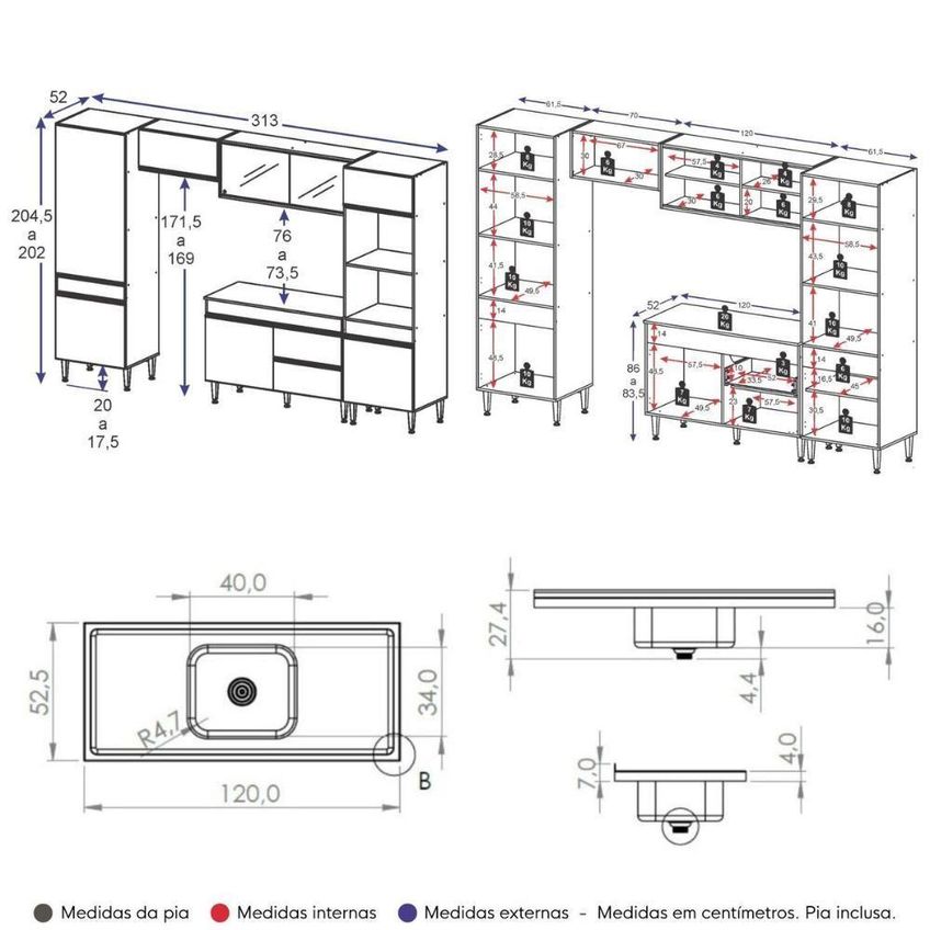 Armário De Cozinha Modulada Completa 9 Portas 1 Gaveta MDP-MDF 313cm Grafite Multimóveis - imagem 2