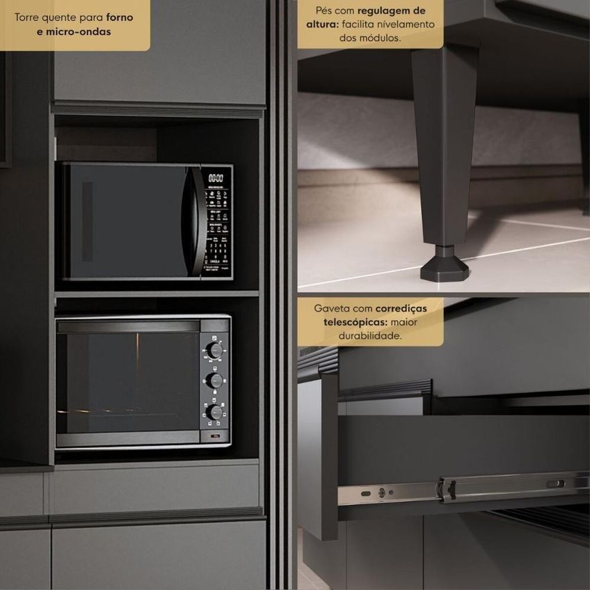 Armário De Cozinha Modulada Completa 9 Portas 1 Gaveta MDP-MDF 313cm Grafite Multimóveis - imagem 5
