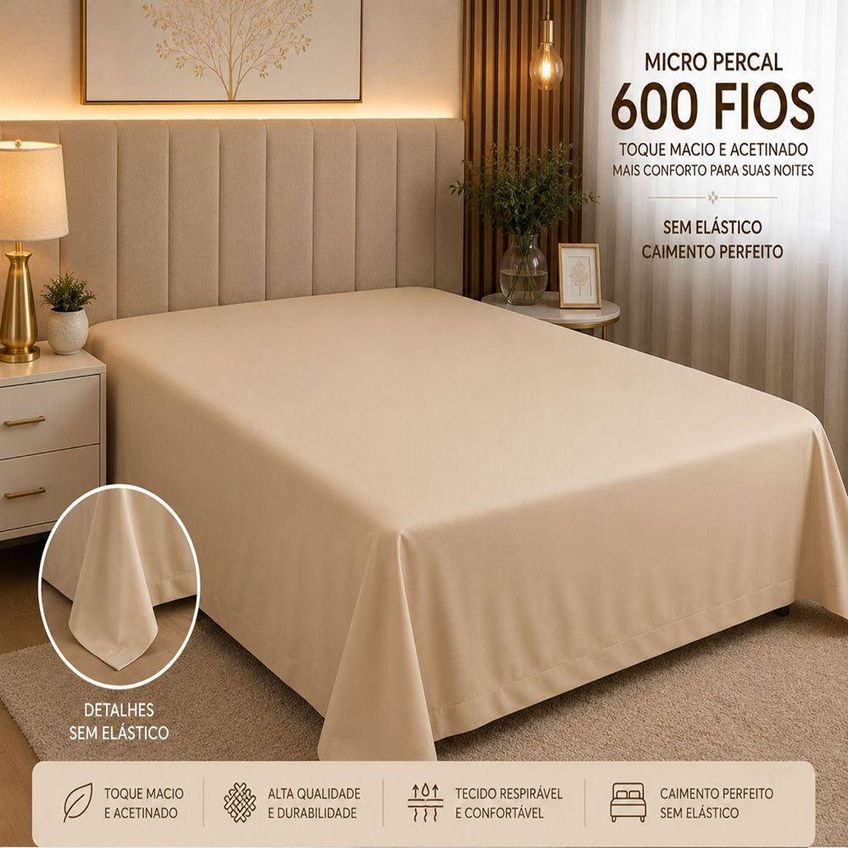 Lençol Avulso Quality Queen Micropercal 600 Fios Macio Sem Elástico Avelã - imagem 3