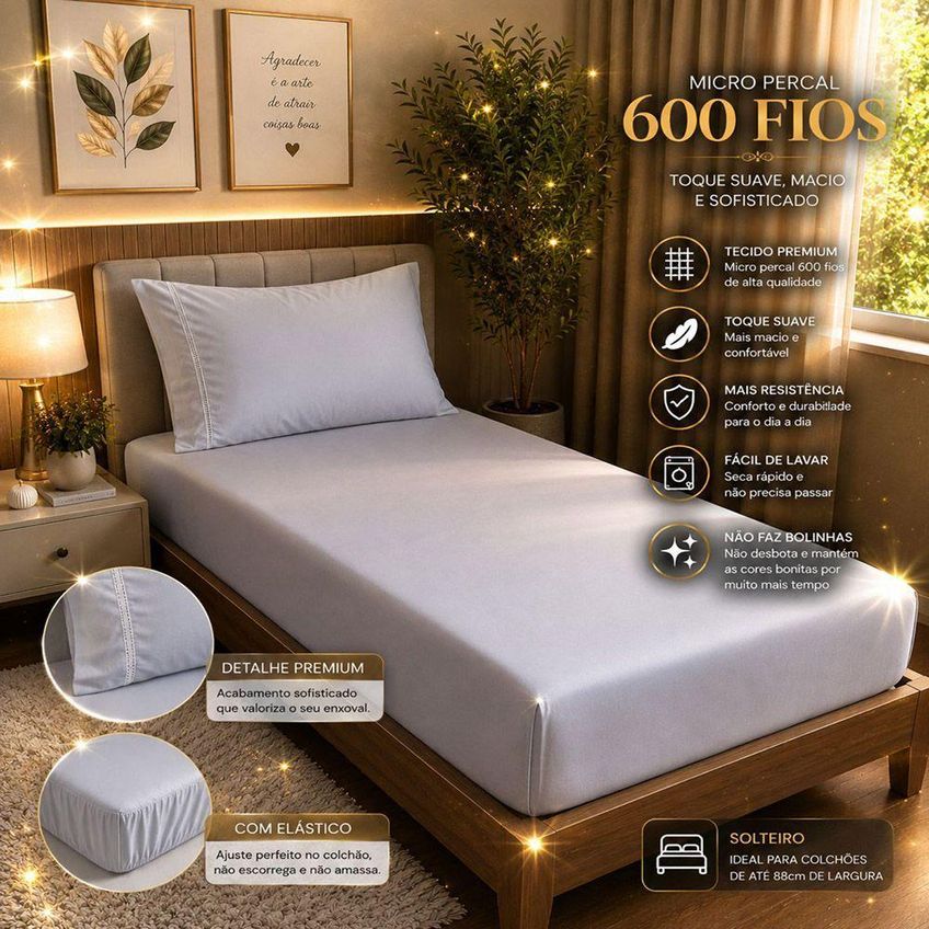 Jogo De Cama Quality Solteiro 2 Peças Micropercal 600 Fios Cinza Casa Show Enxovais - imagem 3