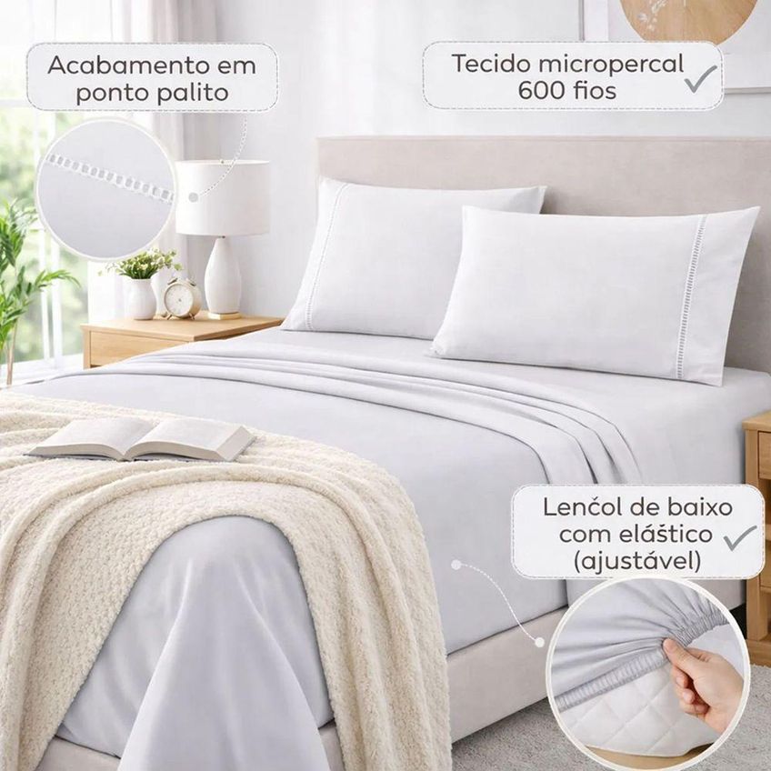Jogo De Cama Lençol Egipicio Queen 4 Peças Micropercal 600 Fios Branco Casa Show Enxovais - imagem 3