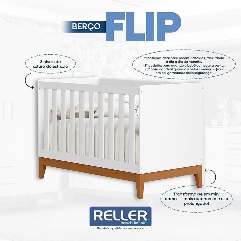 Dormitório Infantil Flip Guarda Roupa 4 Portas 2 Gavetas Cômoda Berço MDF Branco Fosco - imagem 4