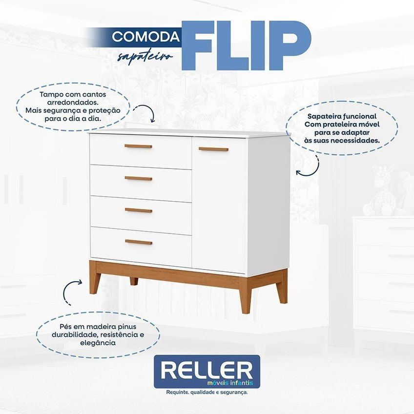 Dormitório Infantil Flip Guarda Roupa 4 Portas 2 Gavetas Cômoda Berço MDF Branco Fosco - imagem 5