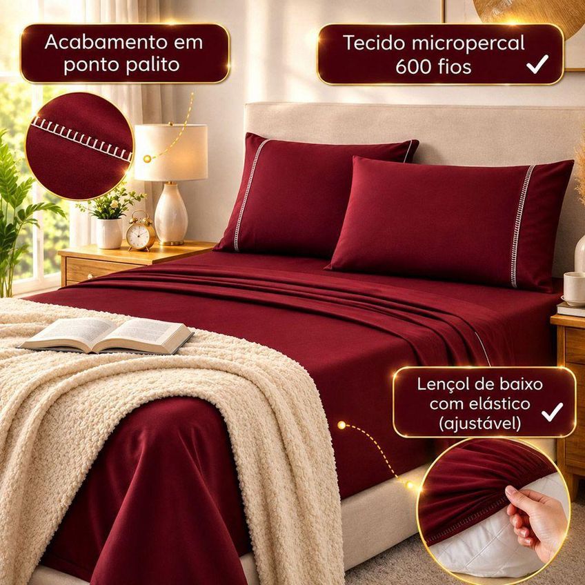 Jogo De Cama Lençol Quality Queen 4 Peças Micropercal 600 Fios Vinho Casa Show Enxovais - imagem 2