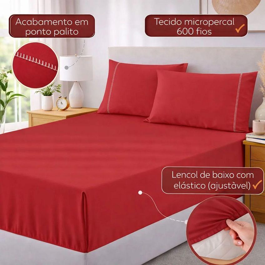 Jogo De Cama Lençol Egipicio Queen 100% Poliéster 600 Fios Macio Vermelho Casa Show Enxovais - imagem 3