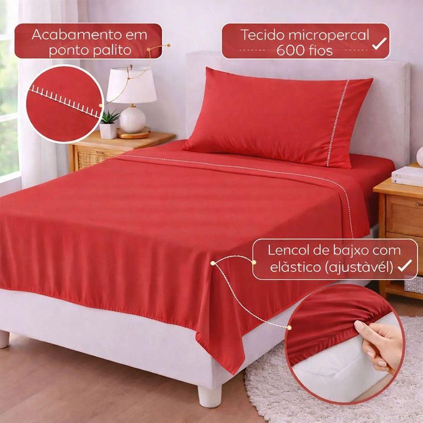 Jogo De Cama Lençol Egípcio Solteiro 3 Peças Micropercal 600 Fios Macio Vermelho Casa Show Enxovais - imagem 3