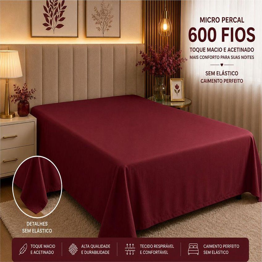 Lençol Avulso Quality Casal Micropercal 600 Fios Sem Elástico Vinho Casa Show Enxovais - imagem 4