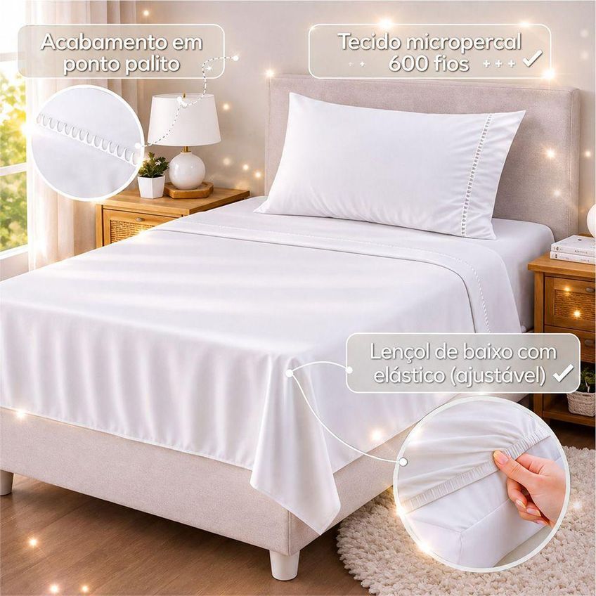 Jogo De Cama Quality Solteiro 3 Peças Micropercal 600 Fios Branco Casa Show Enxovais - imagem 4