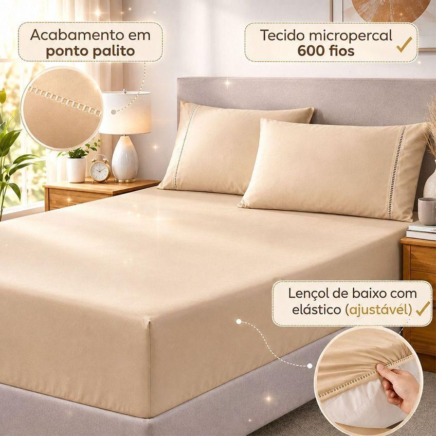 Jogo De Cama Quality Queen 3 Peças Micropercal 600 Fios Avelã Casa Show Enxovais - imagem 3