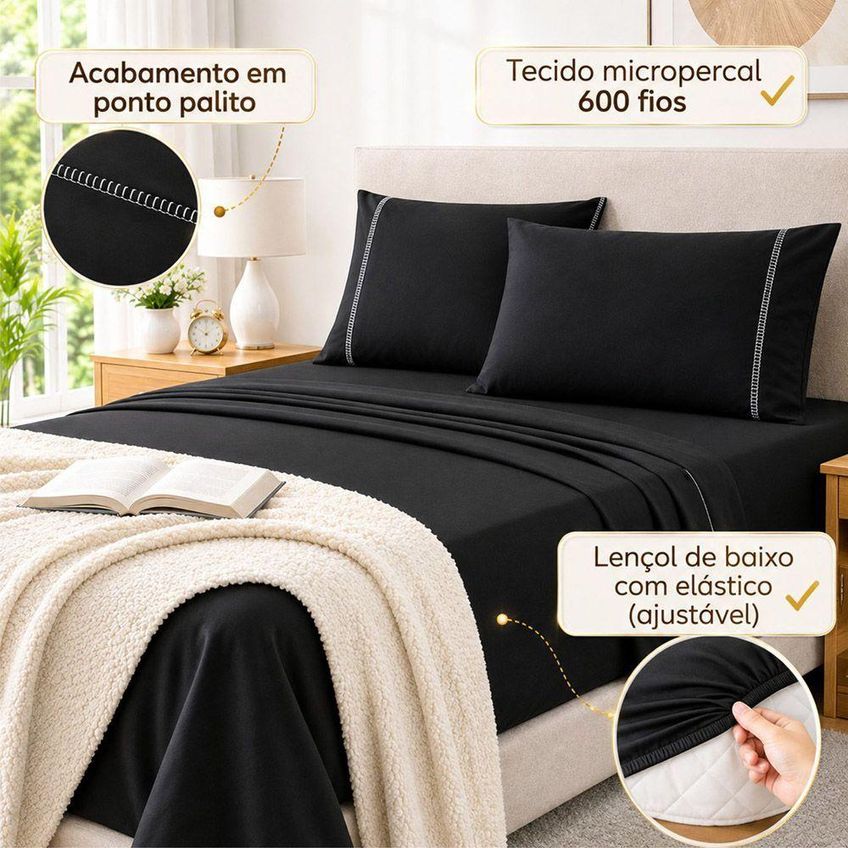 Jogo De Cama Lençol Quality Queen 4 Peças Micropercal 600 Fios Preto Casa Show Enxovais - imagem 3