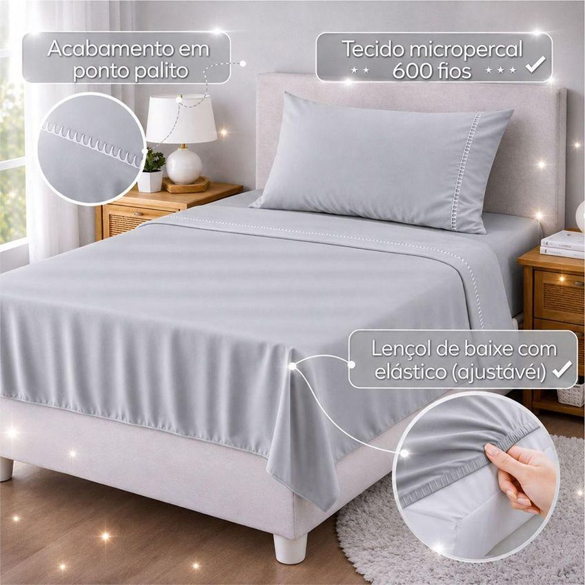 Jogo De Cama Quality Solteiro 3 Peças Micropercal 600 Fios Cinza Casa Show Enxovais - imagem 4