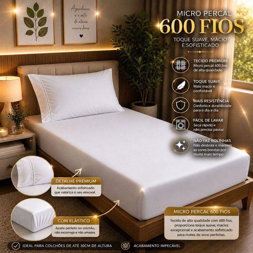 Jogo De Cama Quality Solteiro 2 Peças Micropercal 600 Fios 100% Poliéster Branco Casa Show Enxovais - imagem 3