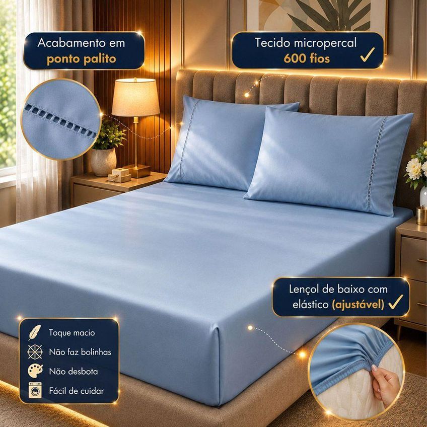 Jogo De Cama Lençol Quality King 3 Peças Micropercal 600 Fios Azul Claro Casa Show Enxovais - imagem 4