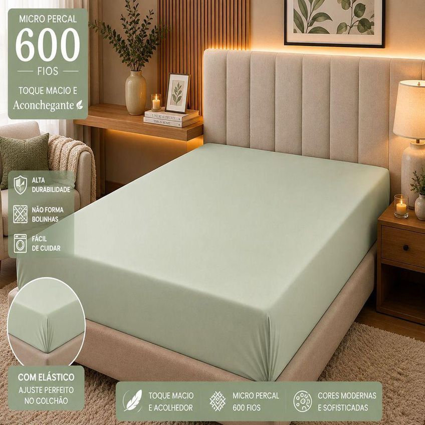 Jogo De Cama Lençol Quality Queen Micropercal 600 Fios Macio Verde Claro Casa Show Enxovais - imagem 3
