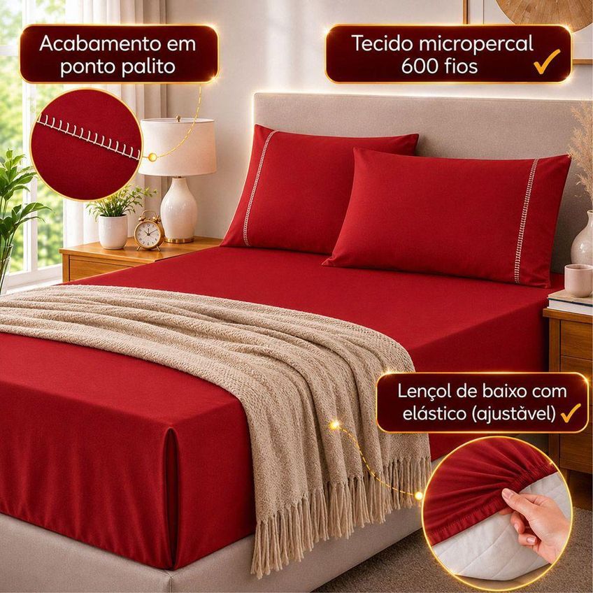 Jogo De Cama Quality Queen 4 Peças Micropercal 600 Fios 100% Poliéster Vermelho Casa Show Enxovais - imagem 4