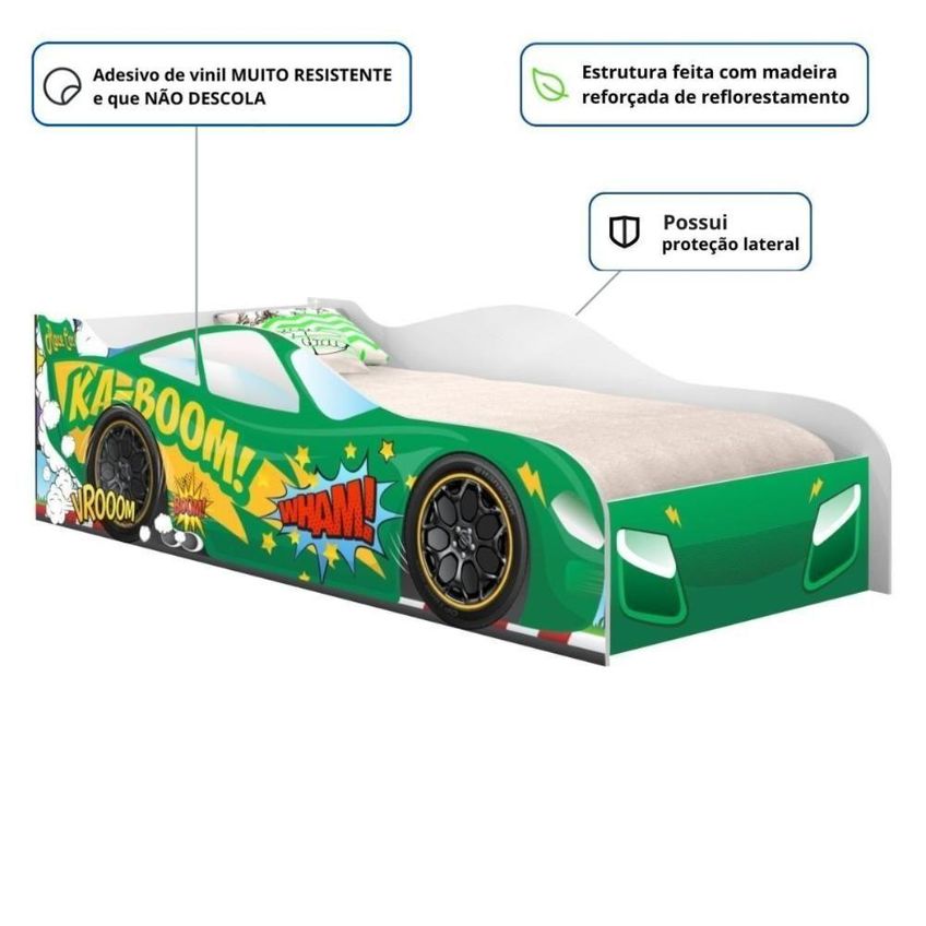 Cama Carro Solteiro Kaboom Stylo Com Bordas Arredondadas MDF Verde Casah - imagem 5