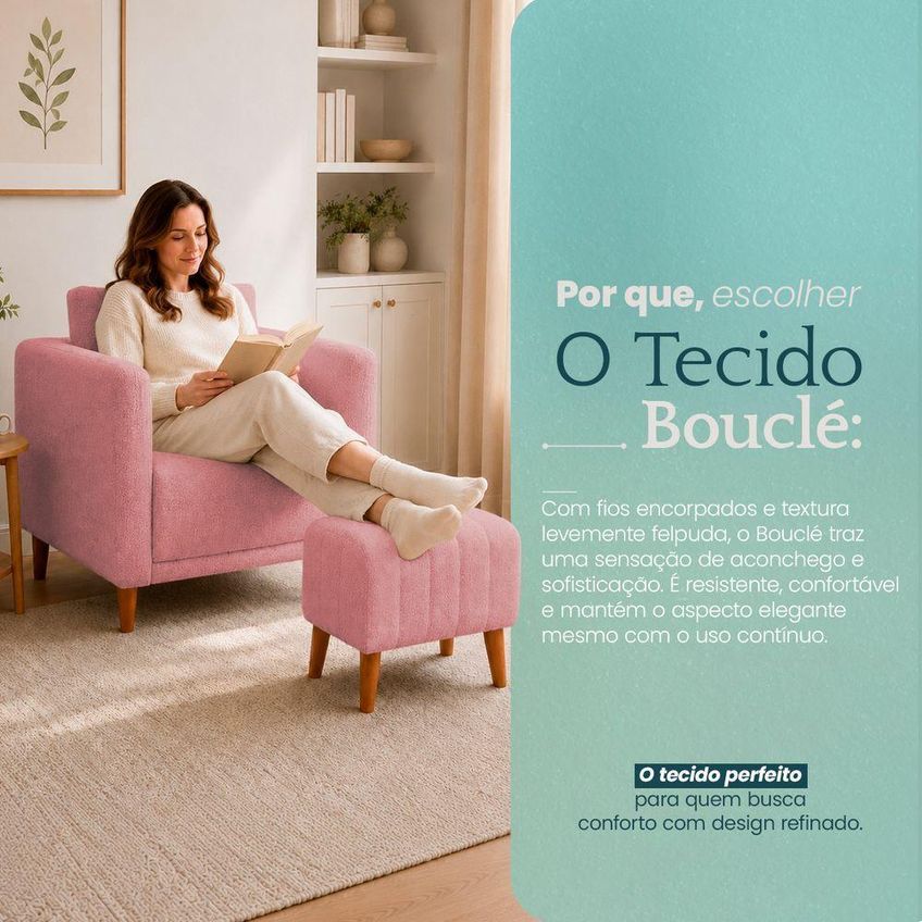 Poltrona Com Puff Aviv Verso Decorativa Luxo Tecido Bouclé Conforto Clique & Decore - imagem 5